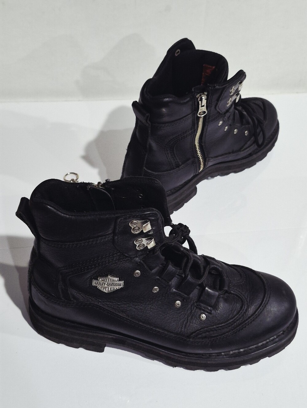 HARLEY DAVIDSONMen's Black Leather Lace-Up Boots with Side Zipper. Size 10